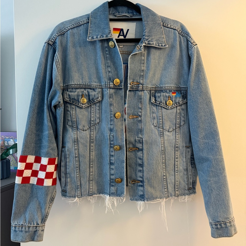 Aviator Nation Denim Jacket with Red Checkered Sleeve